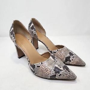 Able Local Global Snake Print Leather Pumps Block Heels 9.5 Pointed Toe Neutral